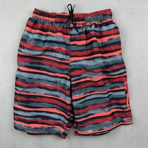 Nike Mens Swim Trunks Medium Red Gray Striped Shorts Orange Mesh Lined Pockets